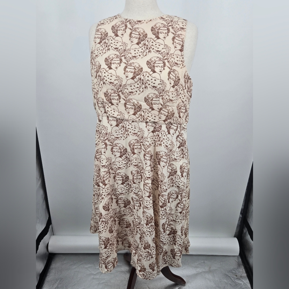 Myrtlewood Of California Illustrated Flapper Print On Cream Dress 1X (6587)